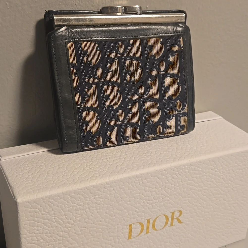 Dior Kisslock Trotter Wallet Blue and Cream